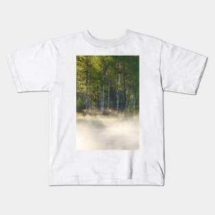 Small foggy forest pond at sunrise summer morning Kids T-Shirt